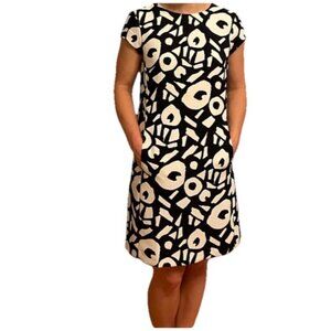 Loft Dress Womens Sz 12p Black White Shift Sheath Mini Short Sleeve Geometric